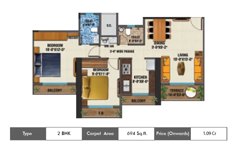 2 Bhk 694 Sq.ft.