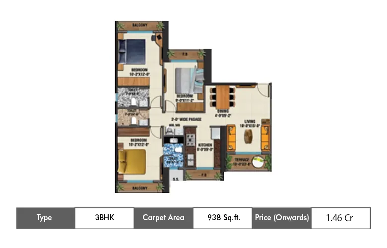3 Bhk 938 Sq.ft.