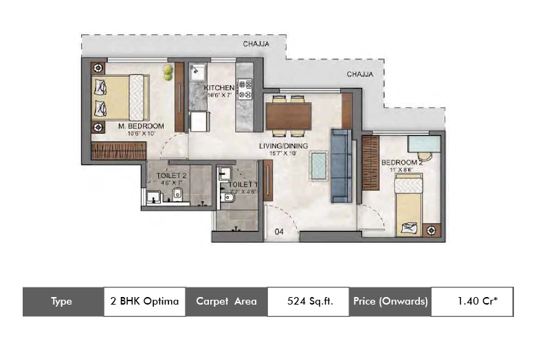 2 BHK Optima-524 Sq.ft.