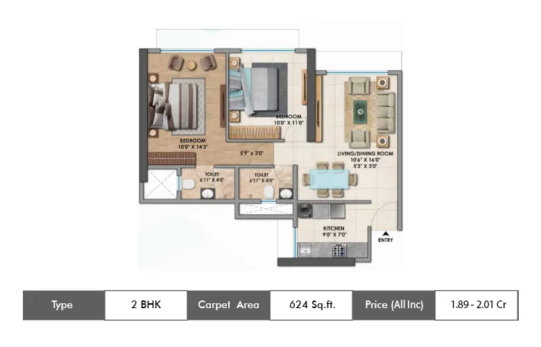 2 BHK 624 Sq.ft.