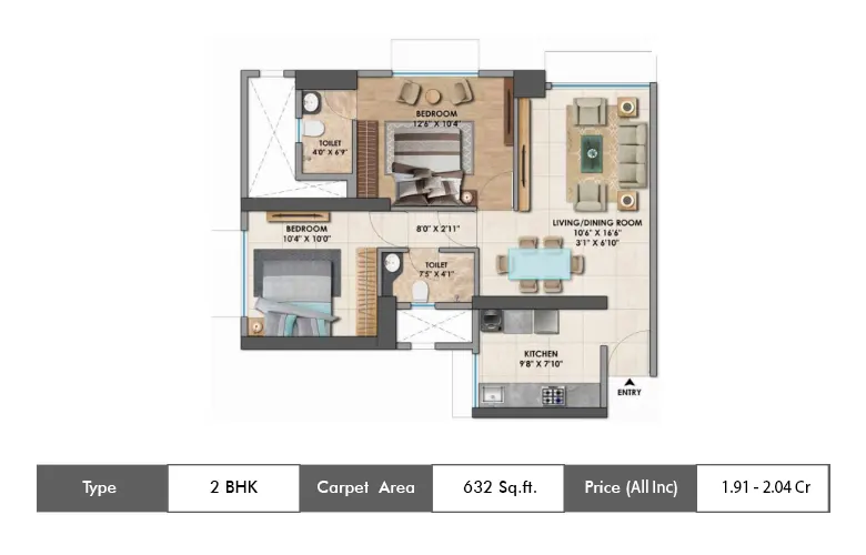 2 BHK 632 Sq.ft.