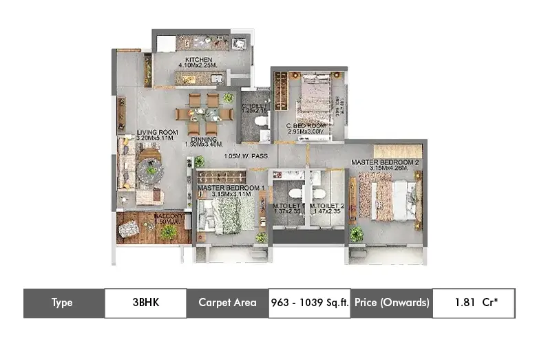 3 BHK-963-1039 Sq.ft.