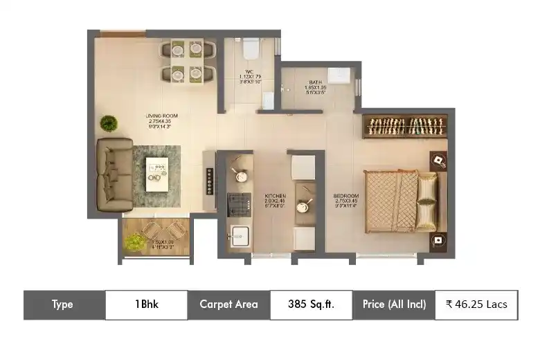 1 BHK-385 SqFt