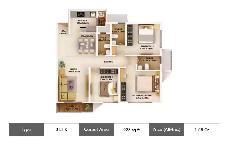 3 BHK 923 Sq.ft