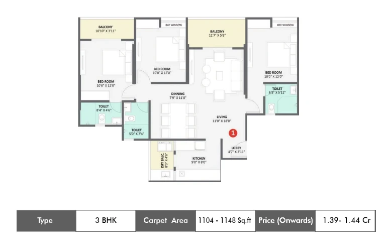 3 Bhk-1104 Sq.ft.