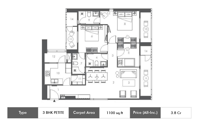 3 BHK-1100 Sq.ft.