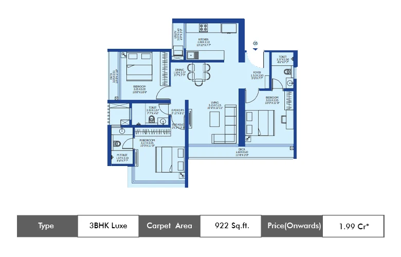 3 Bhk-922 Sq.ft