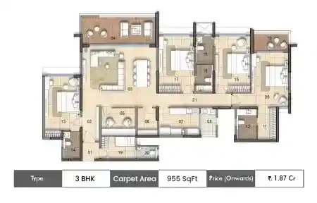 3 BHK 955 SqFt