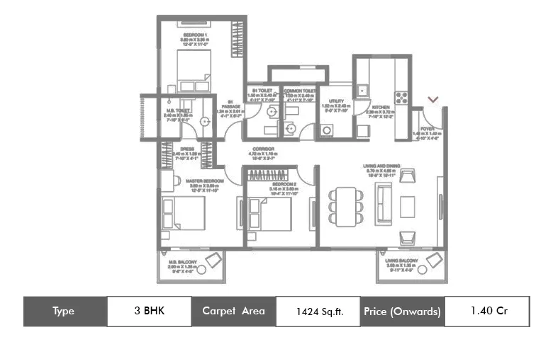 3 Bhk-1424 Sq.ft