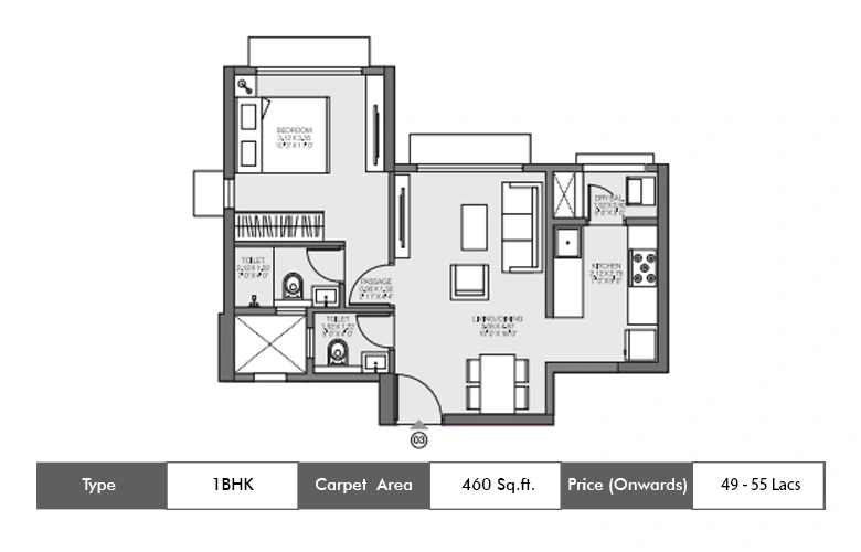 1 BHK-460  Sq.ft.
