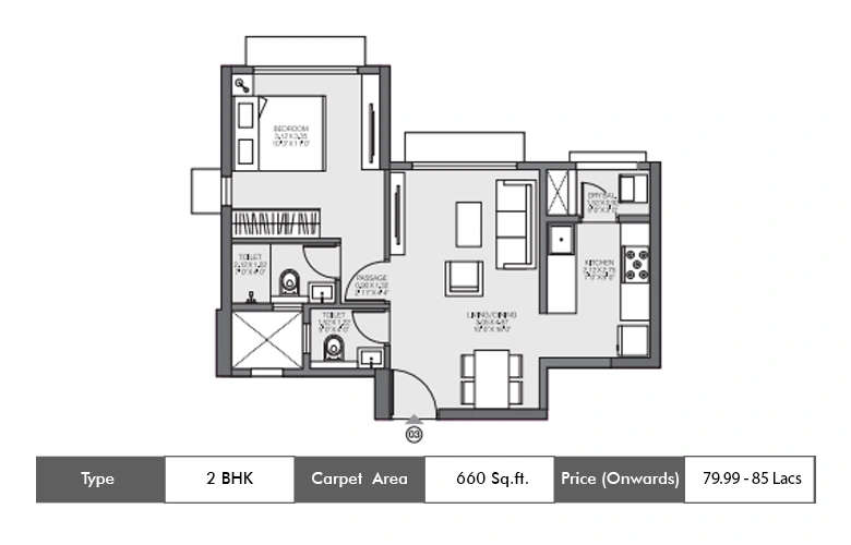 2 BHK-660  Sq.ft.