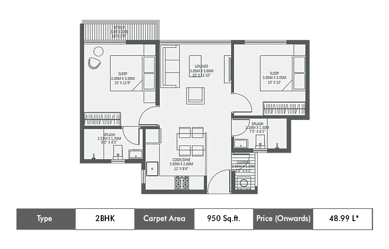 2 BHK 950 Sq.ft