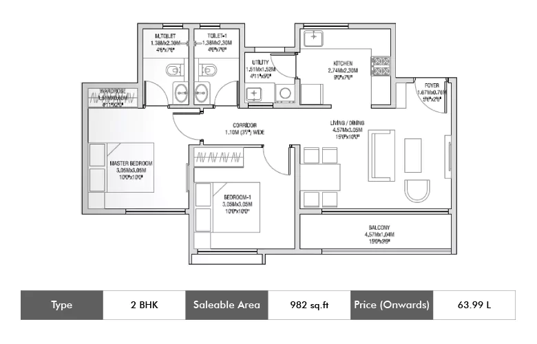 2 BHK-982 Sq.ft.