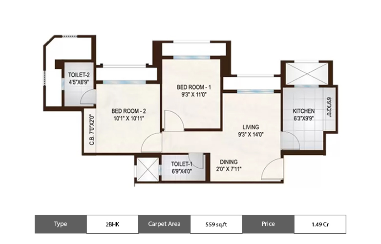 2 BHK-559 Sq.ft.