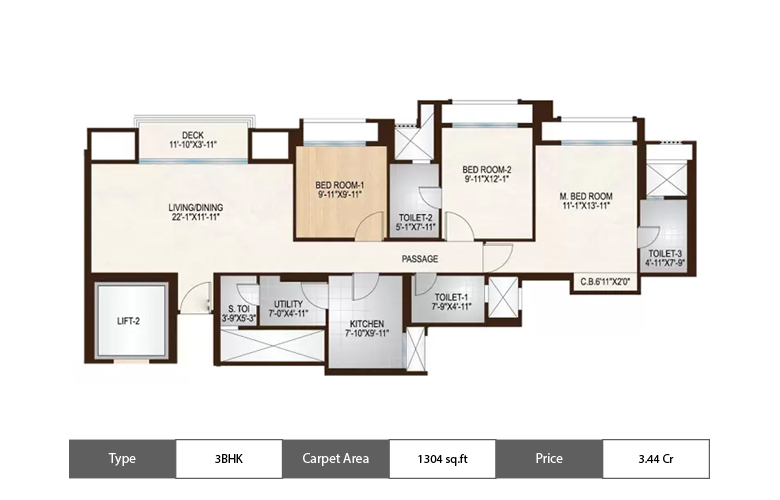 3 BHK-1304 Sq.ft.