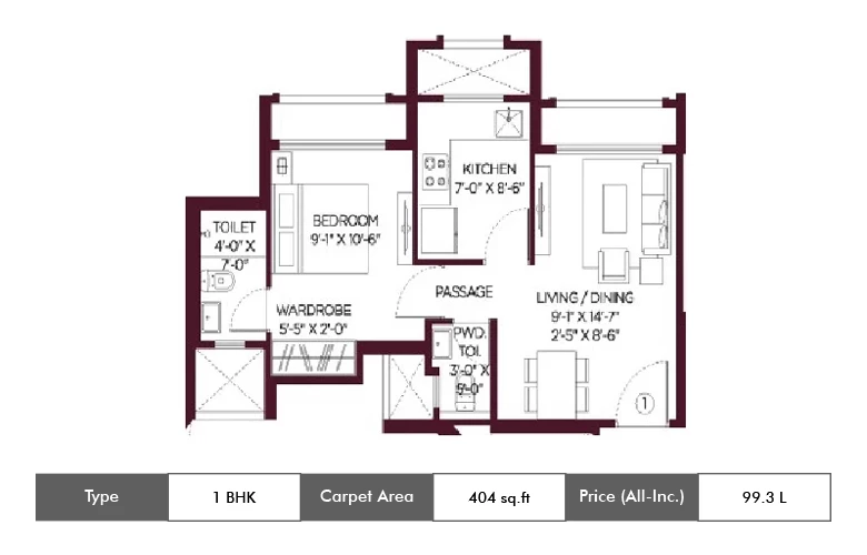 1 BHK-404 Sq.ft.