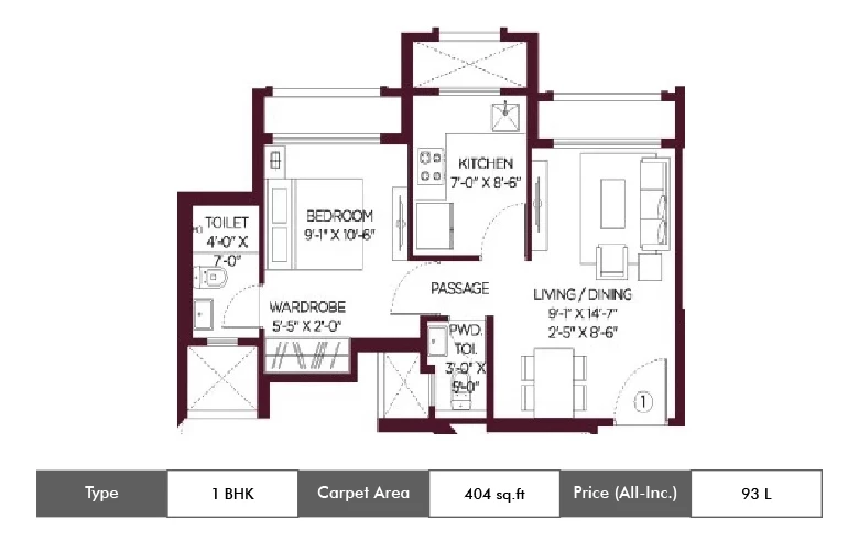 1 BHK-404 Sq.ft.