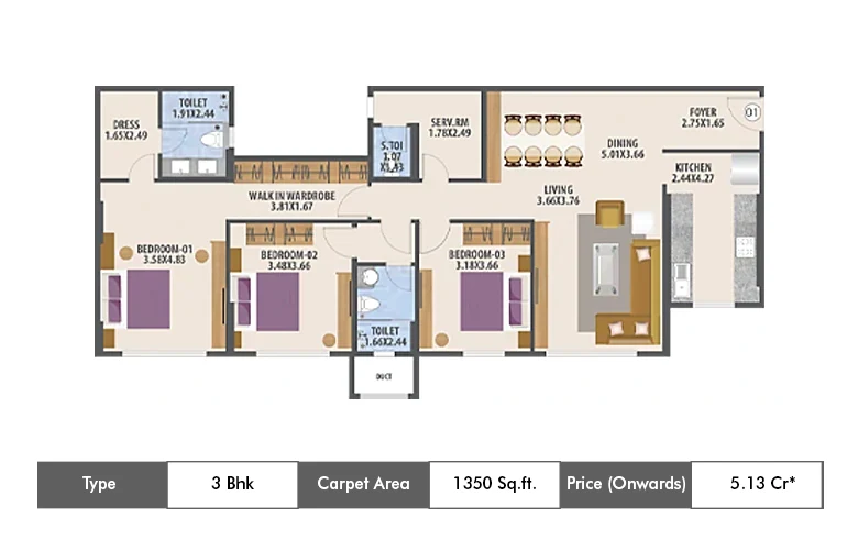 3 BHK-1350 Sq.ft.