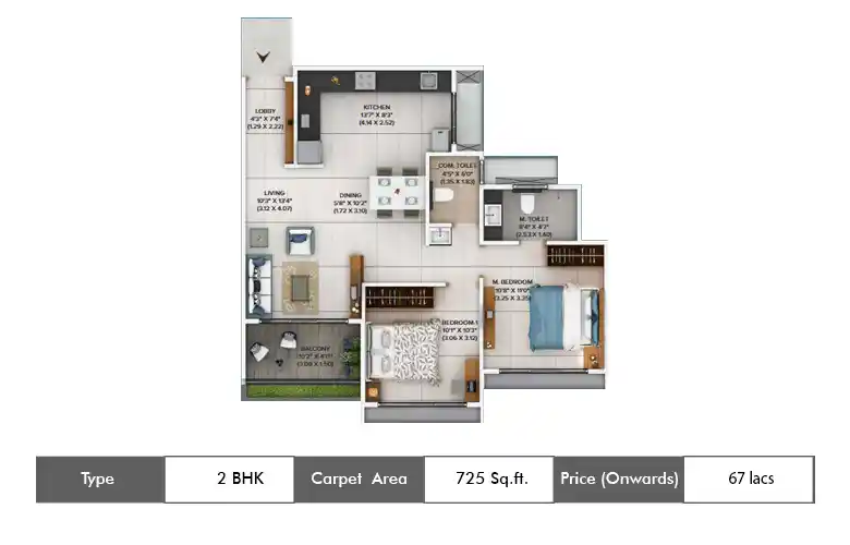 2 BHK-725 Sq.ft.