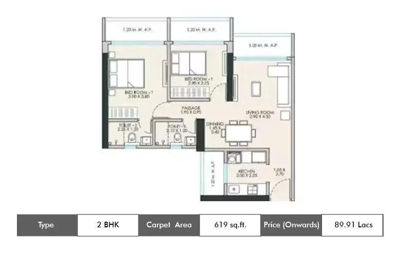 2 BHK-619 Sq.ft.