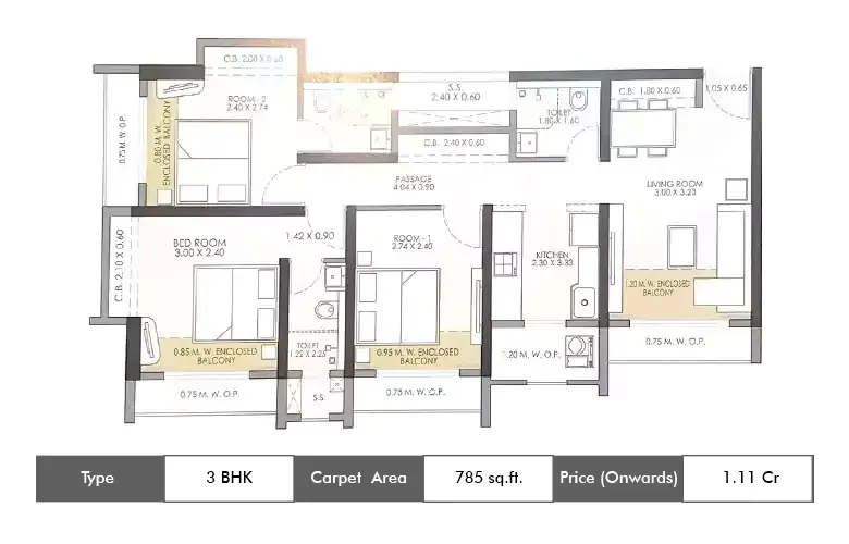 3 BHK-785 Sq.ft