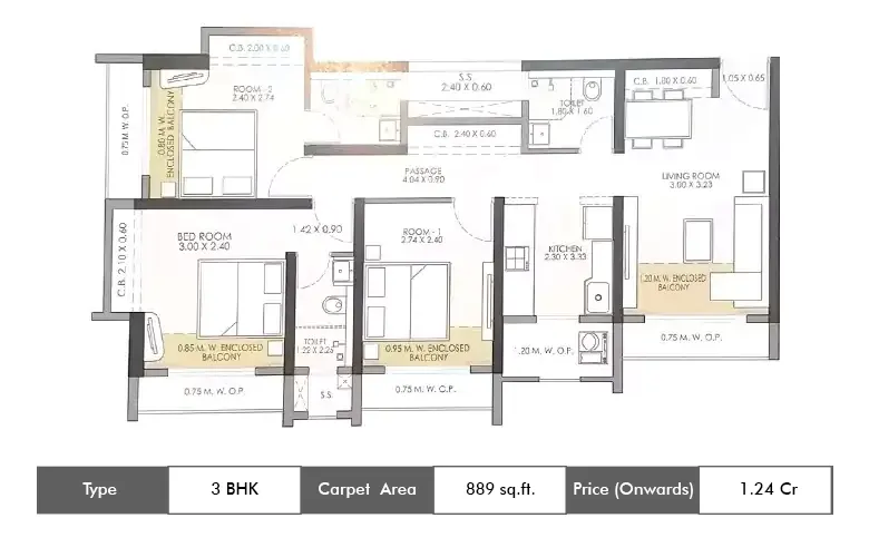 3 BHK-889 Sq.ft.