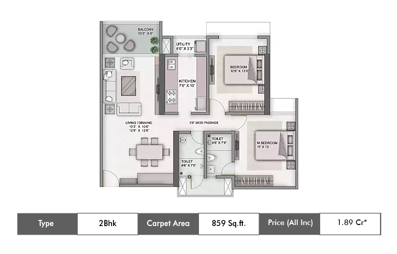 2 Bhk-859 Sq.ft