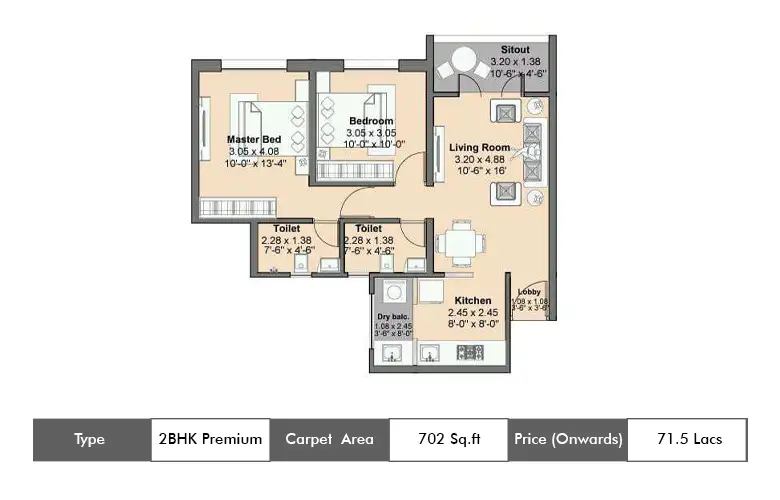 2 BHK Premium-702 Sq.ft.