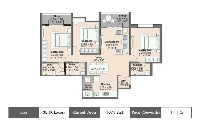 3 BHK luxury-1071 Sq.ft.