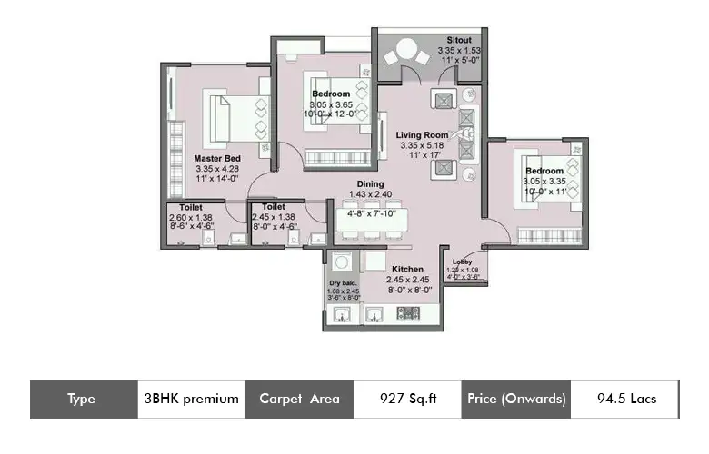 3 BHK Premium-927 Sq.ft.