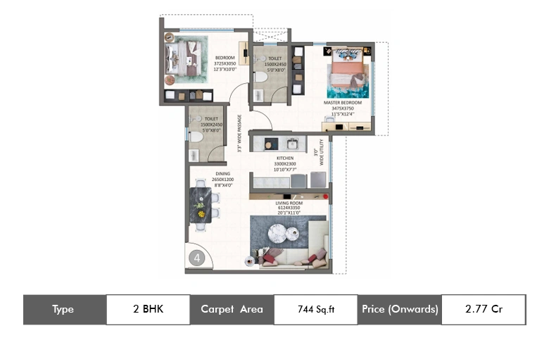 2 BHK-744 Sq.ft.