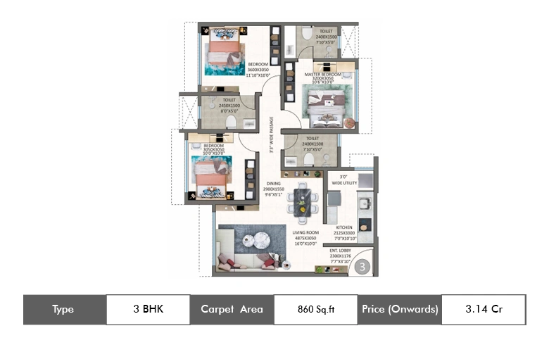 3 BHK-860 Sq.ft.