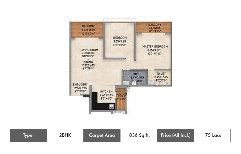 2 BHK-836 Sq.ft.