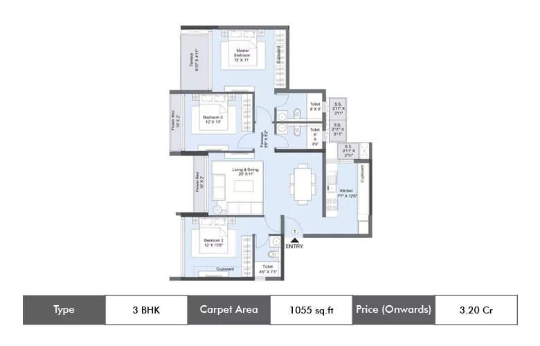3 BHK-1055 Sq.ft.