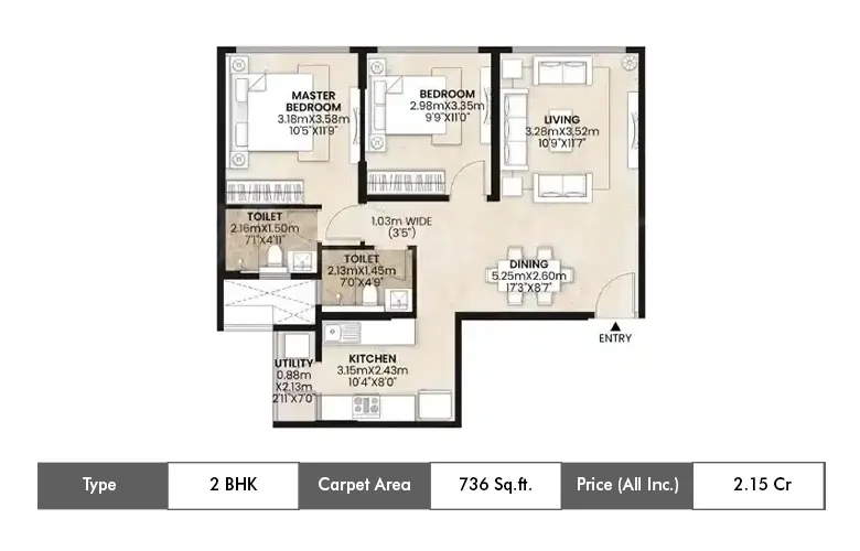 2 BHK 736 Sq.ft