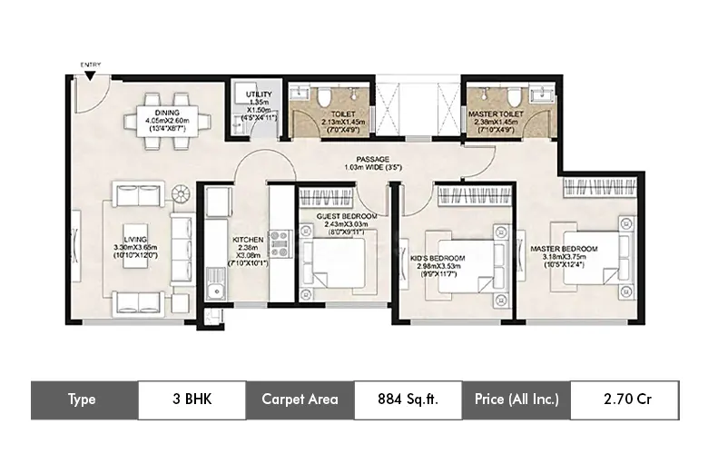 3 BHK 884 Sq.ft