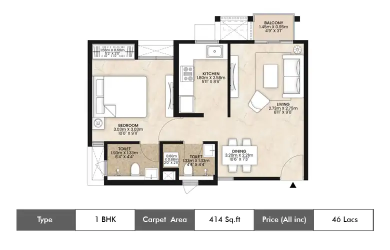 1 BHK-414 Sq.ft.