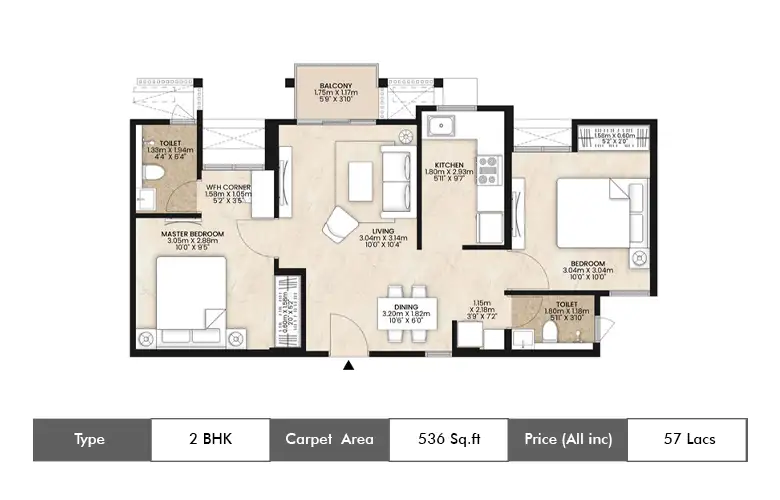 2 BHK-536 Sq.ft.
