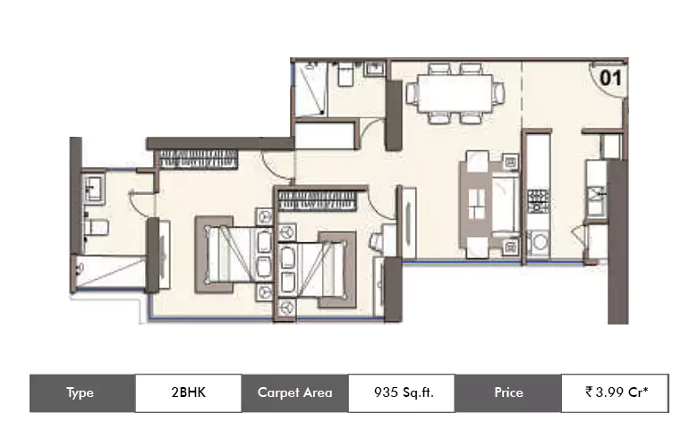 2 BHK-935 Sq.ft