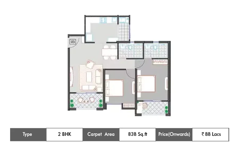 2 BHK-838 Sq.ft.