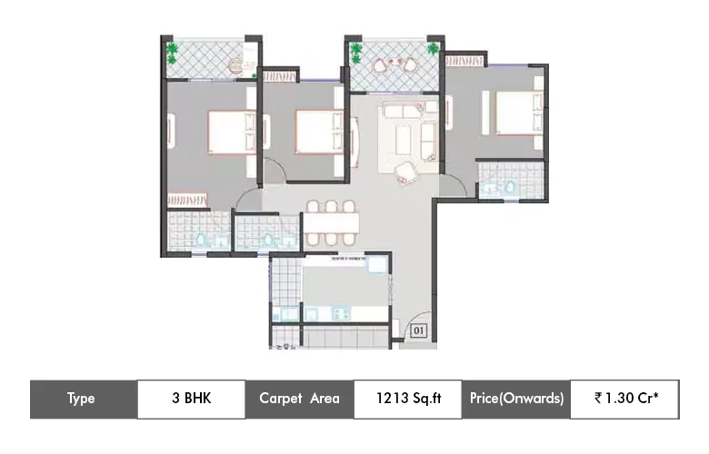 3 BHK-1213 Sq.ft.