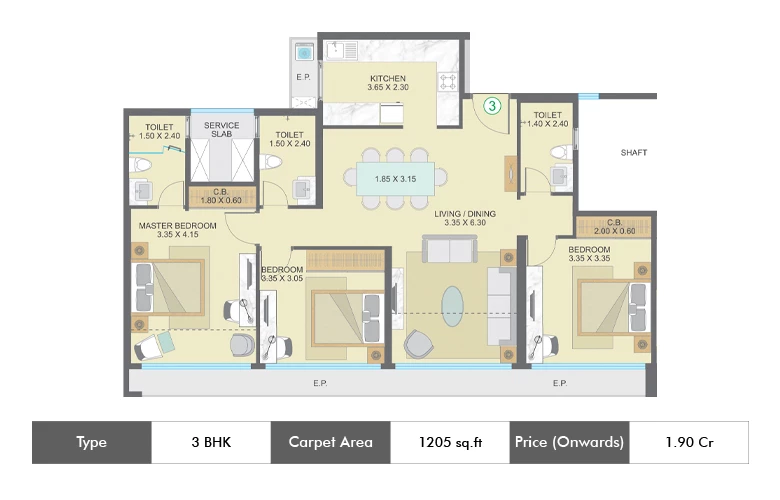 3 Bhk-1205 Sq.ft.