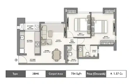 2 BHK 754 SqFt