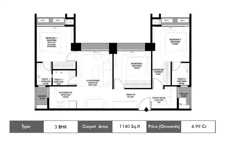 3 BHK-1140 Sq.ft.