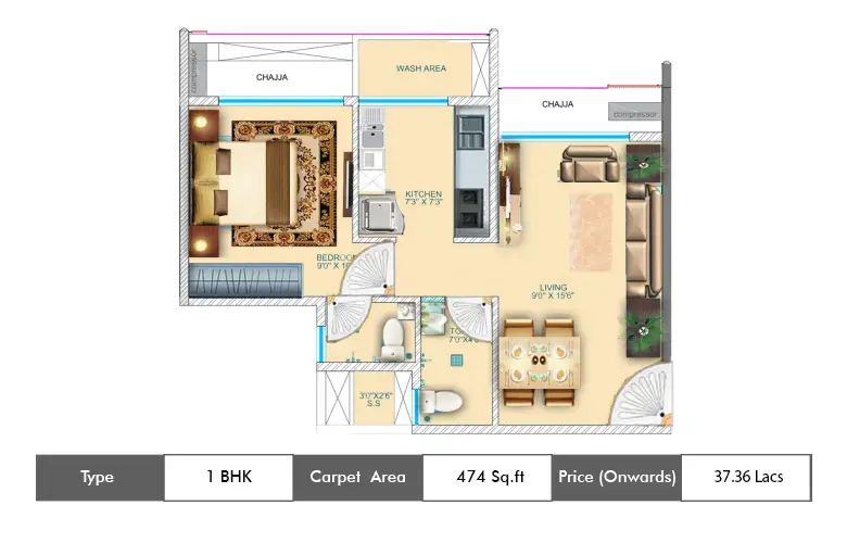 1 BHK-474  Sq.ft.