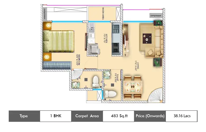 1 BHK-483  Sq.ft.