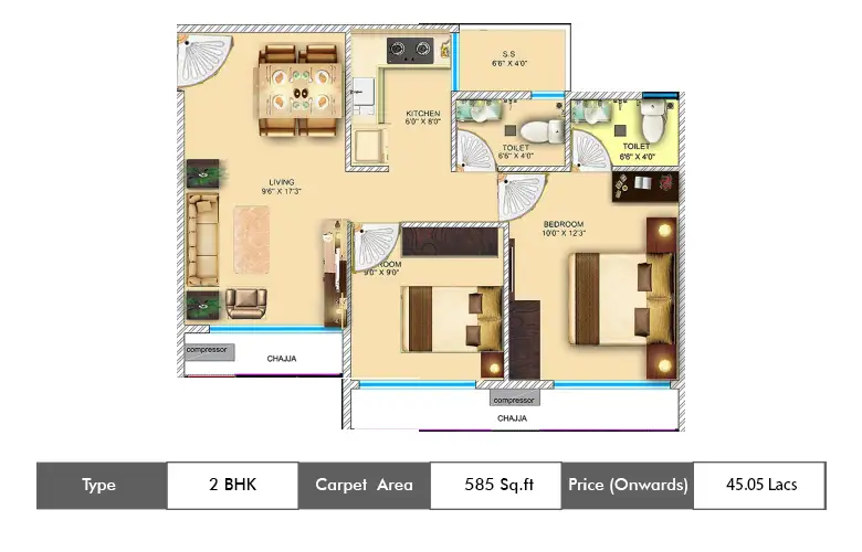 2 BHK-585  Sq.ft.