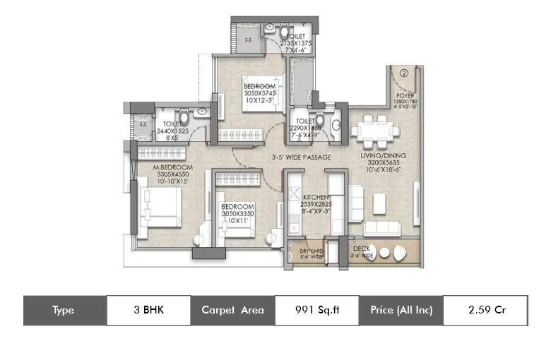 3 BHK-991 Sq.ft.