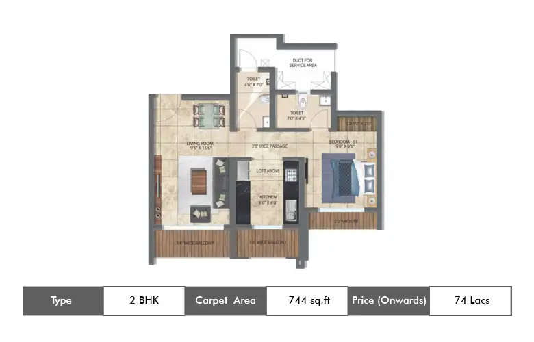 2 BHK-744 Sq.ft.