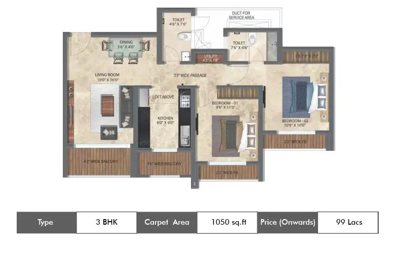 3 BHK-1050  Sq.ft.